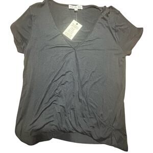 Pink Rose Black Short Sleeve V-Neck Top